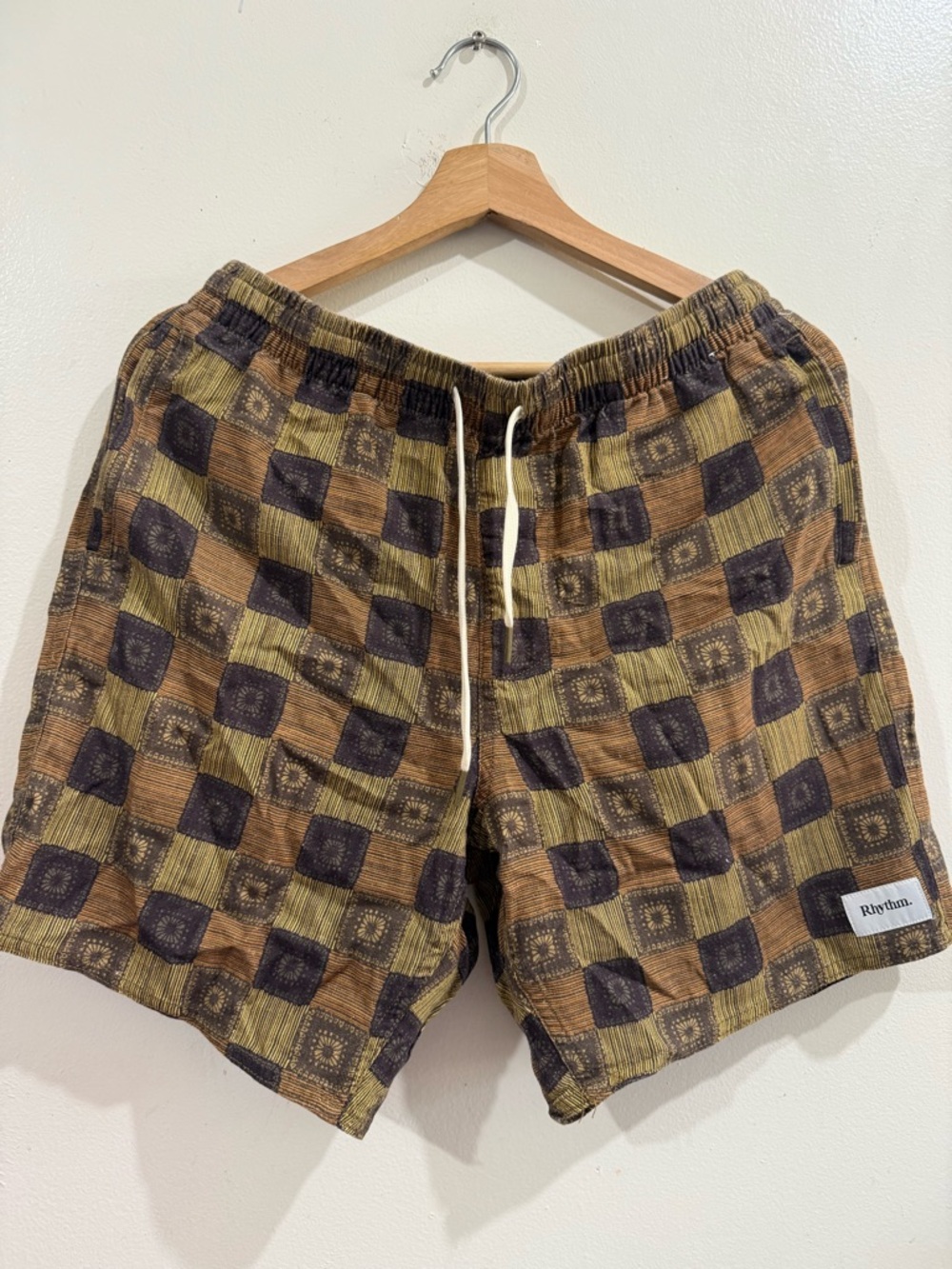 Rhythm Men’s Checkerboard Pattern Shorts in Brown and Olive